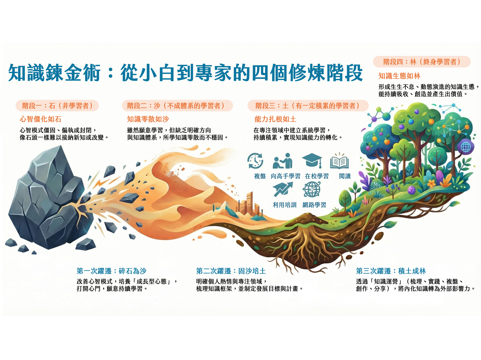 書摘｜《知識鍊金術(個人版)》打造你的專業森林：解析「石—沙—土—林」的學習隱喻